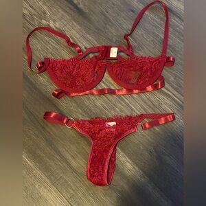 Source Unknown Red Lace Bra and Thong Set with Satin Straps